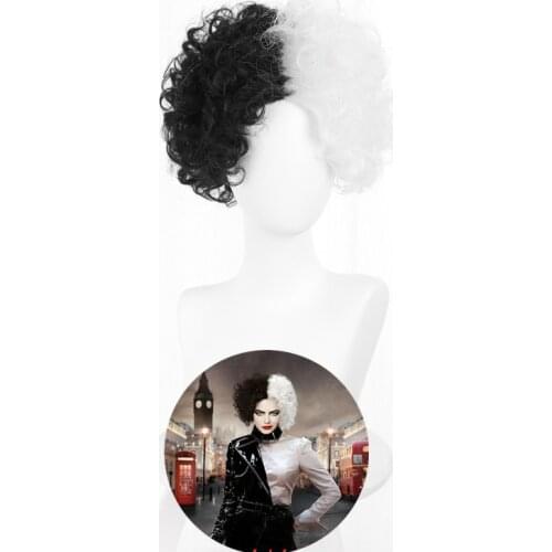 CRUELLA de Vil Short Black White Ms. Spot Hair Deville Dalmations Heat Resistant Cosplay Costume Wigs + Wig Cap