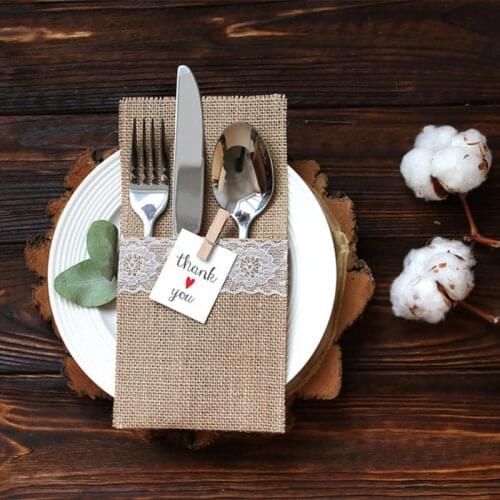 Burlap Lace Pouch fork Knife Cutlery Holder bag Rustic country Vintage Wedding engagement Bridal Shower Christmas Decoration