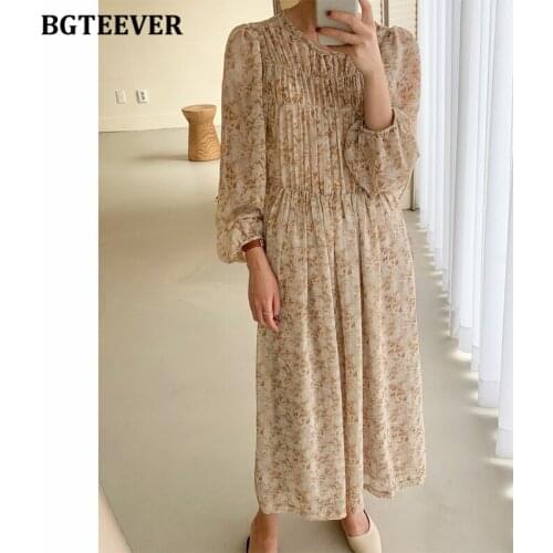 BGTEEVER Elegant Floral Print Mid-length Dress for Women O-neck Long Sleeve Straight Loose Female Dress 2021 Summer Vestidos