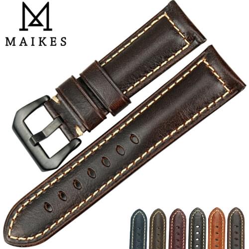 MAIKES New design vintage cow leather watch band 20mm 22mm 24mm 26mm watch accessories brown watchbands for Panerai watch strap
