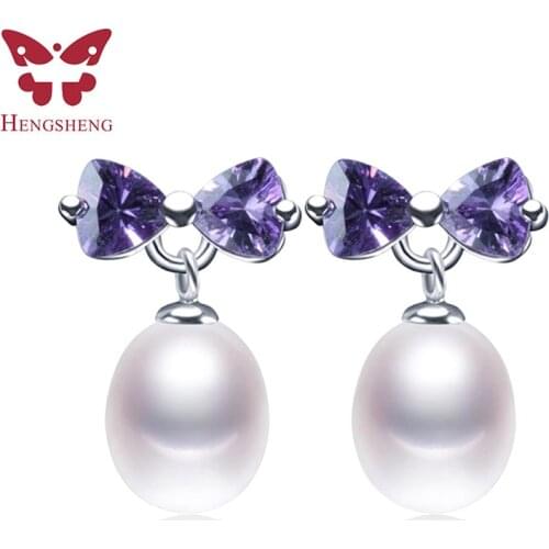 Clearance Sale!Sweet Women Fashion Purple Zircon 925 Sterling Silver Drop Earrings High Luster Natural Freshwater Pearl Earrings