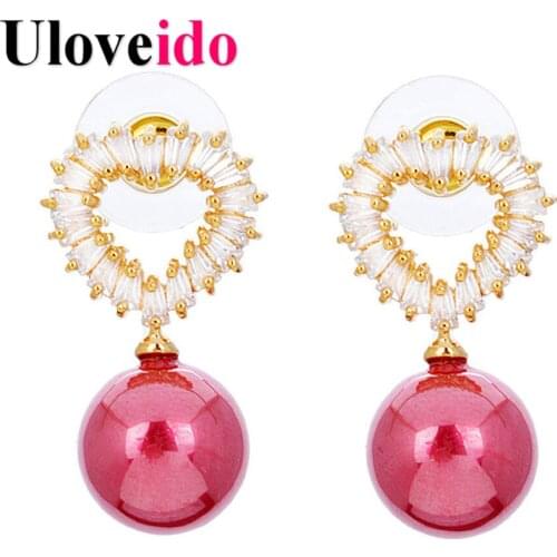 Uloveido Girls Heart Love Earrings with Simulated Pink Red Pearl Cubic Zircon Earing Christmas Gift,Gifts for New Year JE244