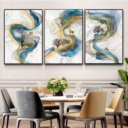 Nordic Golden Luxury Animal Elk Fortune Tree Picture Abstract Canvas Painting Home Decor Bedroom Living Room Art Wall Poster