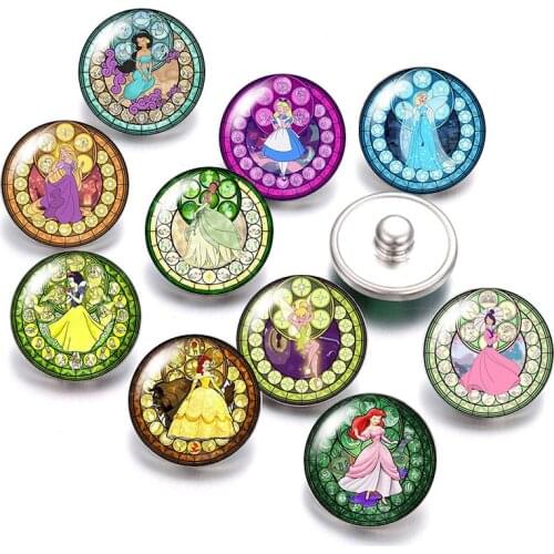 Disney Princesses Elsa Anna Belle 10pcs Round photo glass cabochon 18mm snap buttons for 18mm snap bracelets jewelry wholesale