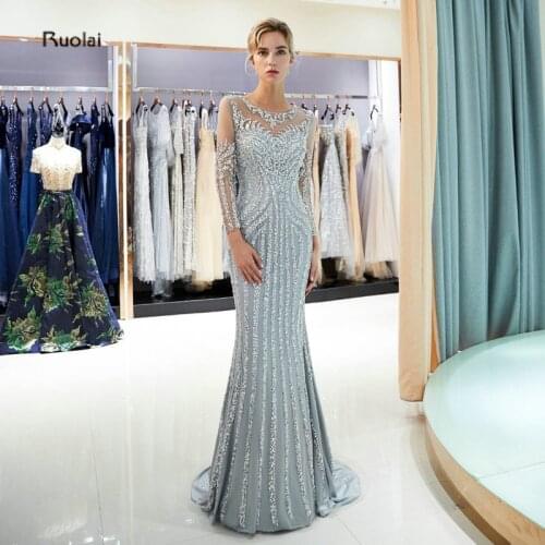 Mermaid Evening Dresses 2019 Long Full Sleeves Evening Gown Formal Party Dresses See Through Back robe de soiree Real Sample