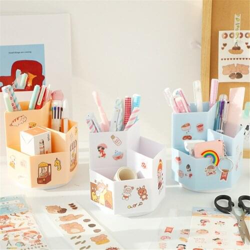 Rotatable Prismatic Three-grid Pen Holder Kawaii Stationery Desktop Sundries Storage Box Makeup Brush Box School Supplies