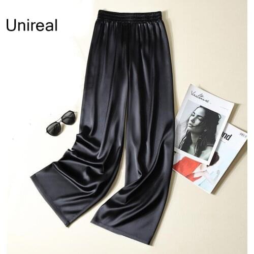 Unireal 2021 Summer Women Wide Leg Pants High Waist Casual Trousers Streetwear Black Silk Satin Pants Elegant Long Palazzo Pants