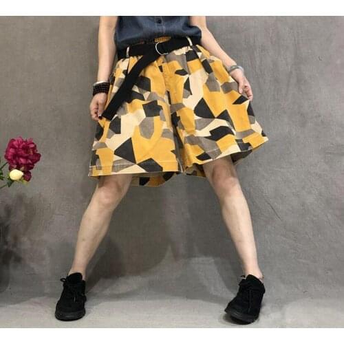 2021 Summer New Arts Style Women Elastic Waist Loose shorts All-matched Casual Geometric Print Cotton Vintage Shorts