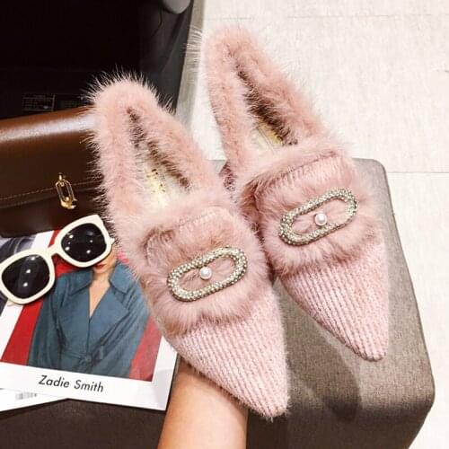 2021 winter pearl rhinestones sweet and warm single shoes pointed mink flat lazy shoes casual versatile comfortable shoes women