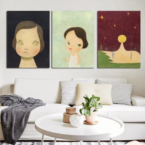 3 Panels Cartoon Girls Japanese Painting Yoshitomo Nara Sleepwalking Doll Print Canvas Art Poster For Kids Room Christmas Decor