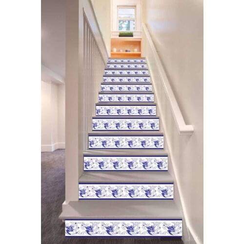 6pcs/set 18cm x 100cm Dark Blue Chinese Vintage Vine Pattern Style Stair Sticker Wallpaper LTT004