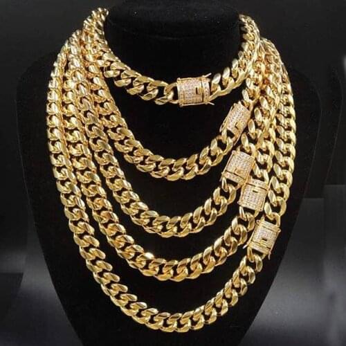 Granny Chic 8/10/12/14/16/18mm 7-40inch Men Boys 316L Stainless Steel Curb Cuban Link MIami Chain CZ Diamond Necklace Jewelry