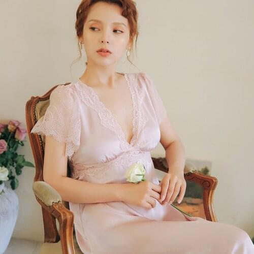 Fdfklak Women Nightgowns Satin Lace Sexy Lingerie Summer V-Neck Short Sleeve Night Dress Sleepwear Dress Pink Nightgown