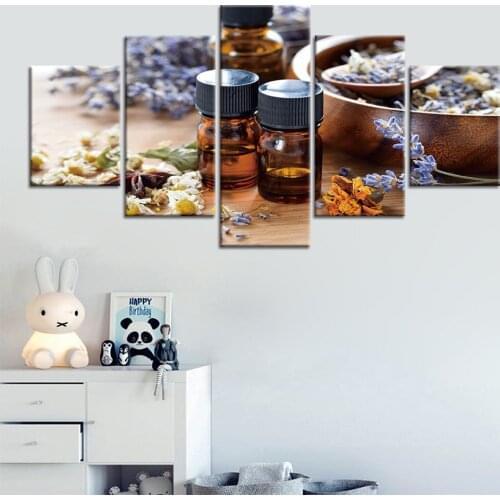 Purple Blue Flowers Spa Massage Candle Aromatherapy 5 Pieces Wall Art Poster Picture Decorative Painting Decoration