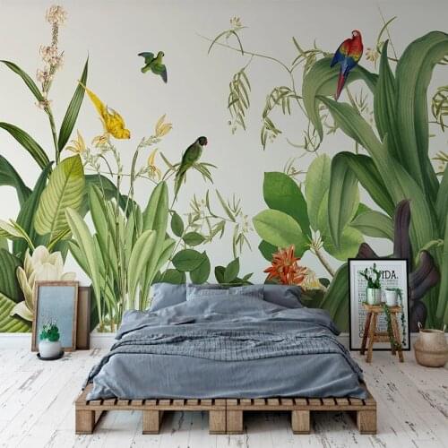 Custom Photo Tropical Plant Green Leaves Flowers Birds 3D Non-woven Straw Mural Wallpaper For Living Room Bedroom Wall Art Decor