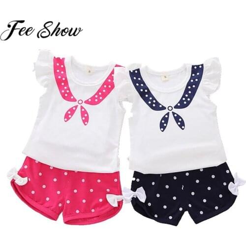 Summer Toddler Baby Girls Clothes Sets Children Lovely Sailor Collar Ruffle Top Dot Bow Shorts Outfits for 9 Months- 3 Y Kids