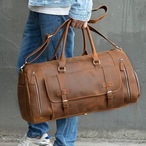 Men Genuine Leather Travel Duffel Bag With Shoe Pocket 20" Real Leather Weekend Bag Vintage Crazy Horse leather Messenger Bag