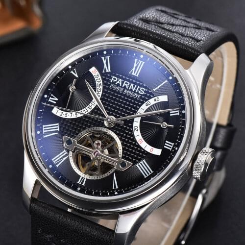 Parnis 43mm Black Dial Mens Automatic Watch Silver case Leather strap Calendar Kinetic Flywheel Power Reserve Mechanical Watch