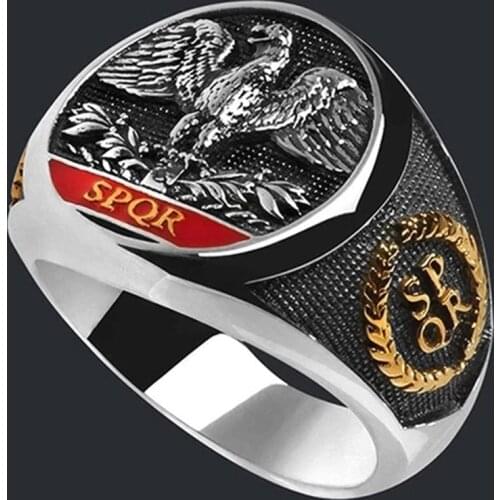 Vintage Silver Color Punk Style Red Sign Holy Roman Empire SPQR Eagle Big Men Biker Alloy Rings Lr1349