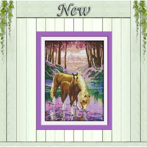 The silent valley animal horse river painting counted print on canvas DMC 11CT 14CT kits Cross Stitch embroidery needlework Sets