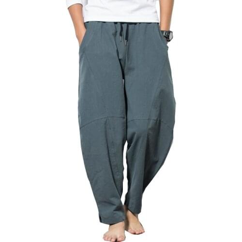 2019 Autumn Plus Size Hip Hop Harem Pants Men Casual Loose Trousers Drawstring Joggers 5XL Chinese Style Cotton Linen Pants Men