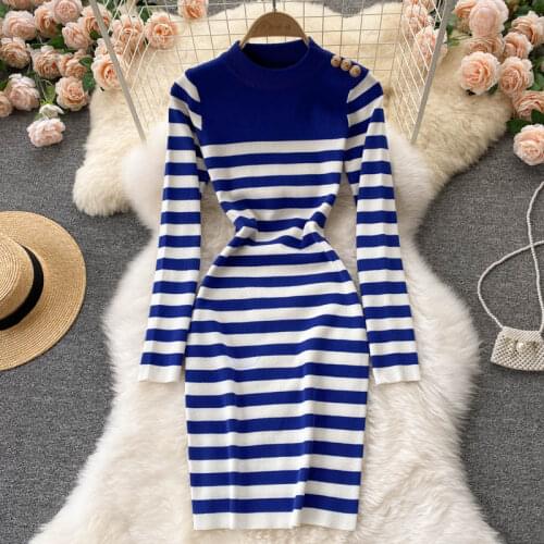 SINGREINY Women Retro Stripe Knitted Dress Stand Collar Long Sleeve Elastic Slim Pencil Dress Autumn Korean Short Sweater Dress