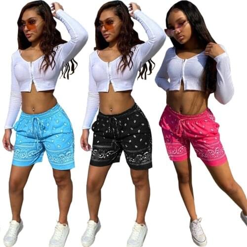 Bandana Print Shorts For Women 2021 Summer Fashion Gym Hip Hop Trousers With Pocket Lace Up Elastic Casual Beach Wear S-XXL