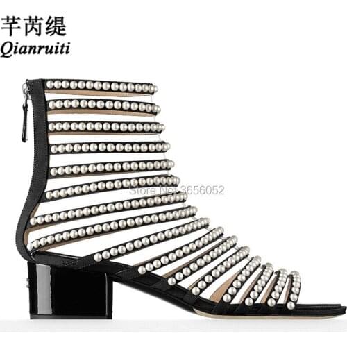 Qianruiti Celebrity Sexy Summer Boots Bride Wedding Shoes Woman Med Block Heel Cut-outs Pearly Gladiator Sandals Plus Size 34-44
