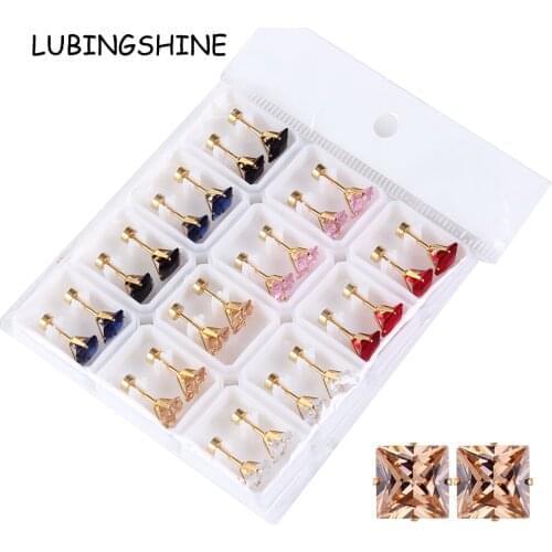 12pairs/set Stainless Steel Crystal Stud Earrings Punk Sliver Color Square Bling Rhinestone Earring Women Men Hip Hop Jewelry