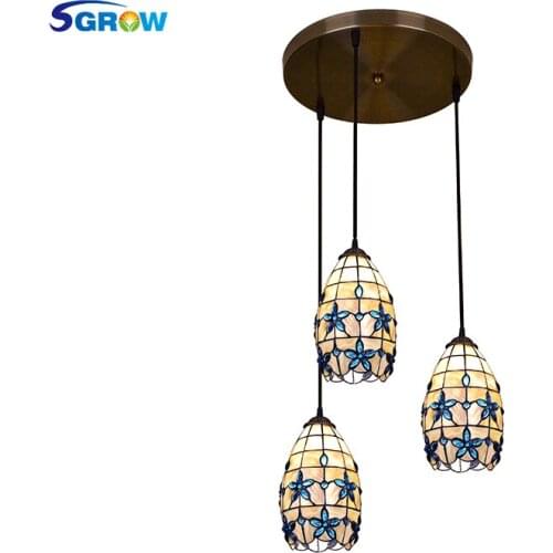 SGROW 3 Heads Combination Shell Pendant Light Fixture for Bedroom Living Room Dinning Room Blue Hanging Led Lamp with E27 Bulb