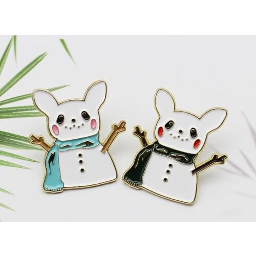 Scarf snow bunny cute enamel pins tree branch hand shy smile golden edge badge punk cloth bag metal pin brooch jewelry for kids