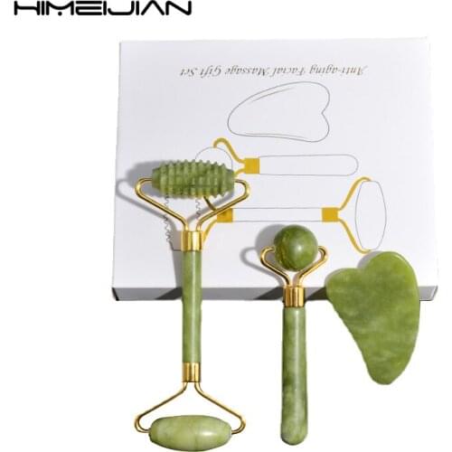 Natural Jade Gua Sha Scraper Single-headed Double-headed Face Roller Set Jade Roller Facial Massager Skin Care Tools with Box