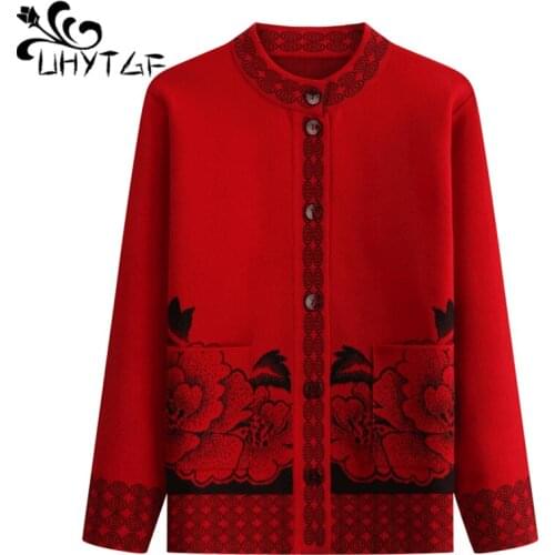 UHYTGF 4XL plus size Sweaters women vintage print autumn winter sweater coat O neck elegant knit cardigan warm jacket Female 711