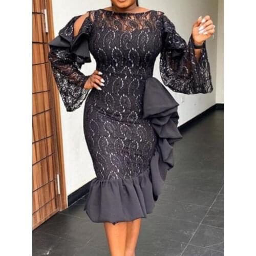 Vintage Black Lace Party Dresses Elegant Women Bare Shoulder See Through Flare Sleeve Slim Fit Dress Fall 2021 Celebrity Outfits