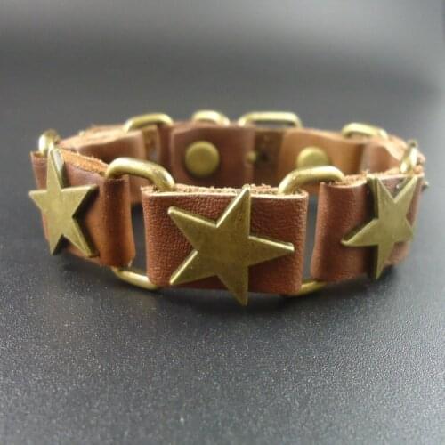 2015 New Arrival Punk Style Vintage Five Point Star Charms Genuine Leather Bracelet Men Jewelry