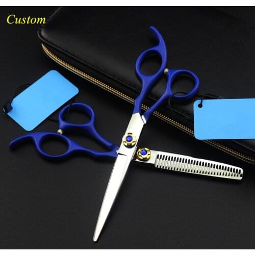 Custom logo japan 440c 6 inch blue hair cutting scissors barber makas thinning shears haircut hair scissor hairdressing scissors