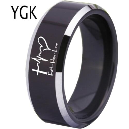 YGK Jewelry Faith Hope Love Design Black With Shiny Bevel Tungsten Ring New Mens Wedding Engagement Anniversary Gift Ring