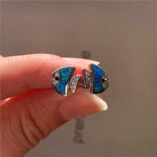 Boho Female Crystal Fish Small Earrings Rose Gold Silver Color Stud Earrings For Women Vintage White Blue Opal Wedding Earrings