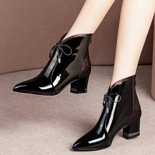 High heels ladies boots 2020 new winter all-match pointed patent leather thick heel single boots high heel short boots women