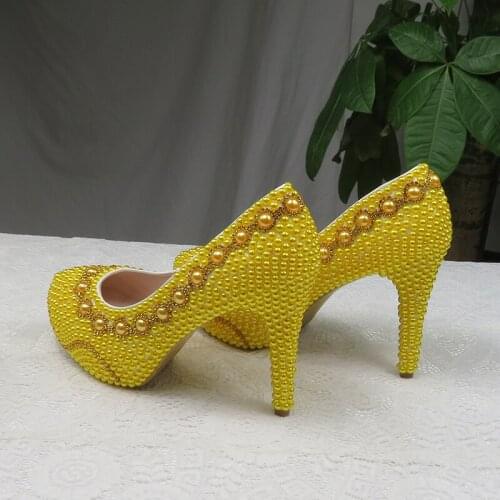 BaoYaFang Golden Beads Pearl womens wedding shoes Bride High heels shoes ladies big size party dress shoes woman Platform shoes
