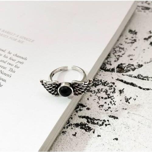 S925 Thai Silver Lady Retro Ring Personalized Wing Adjustable Ring Trendy Black Agate Ring 925 Sterling Silver Rings for Women