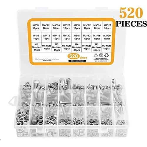 520pcs/Lot M3/M4/M5/M6 304 Stainless Steel Hexagon Socket Head Cap Socket Screws Hex Bolt Nuts and Washers Set with Allen Key