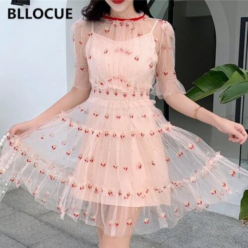 BLLOCUE 2020 Summer New Bronzing Sweet Print Mesh Dress Women O-Neck Bubble Sleeve Pleats High Elastic Waist A-Line Dress