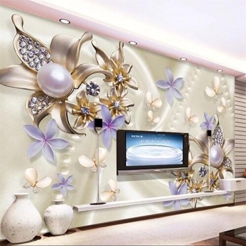 Wellyu Customized large murals fashion home decoration pearl diamond flower butterfly romantic TV background wall