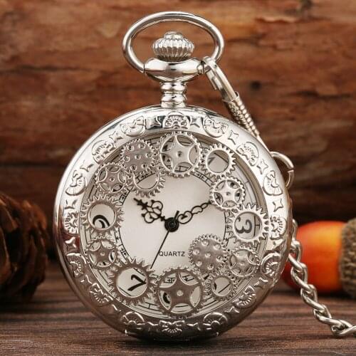 Luxury Silver Gear Hollow Quartz Pocket Watch Chain Fob Watch Arabic Numerals Display Watches Antique Clock Gifts for Men Women
