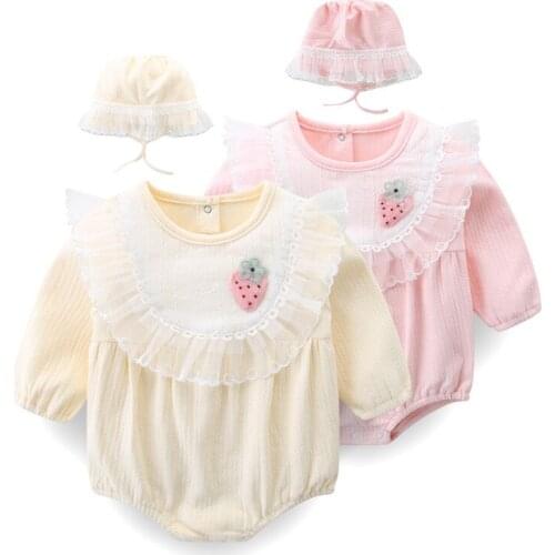 Baby Spring Autumn Clothing Newborn Toddler Girl Clothes Lace Long Sleeve Bodysuit Jumpsuit Infant Outfit with Hat 0-2Y