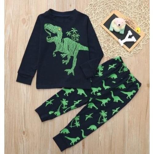 Little Boy Long Sleeve T-shirt + Trousers Dinosaur Print Thread Closing Classic Round Neck Cozy Soft Spring Pajamas 1-7 Years