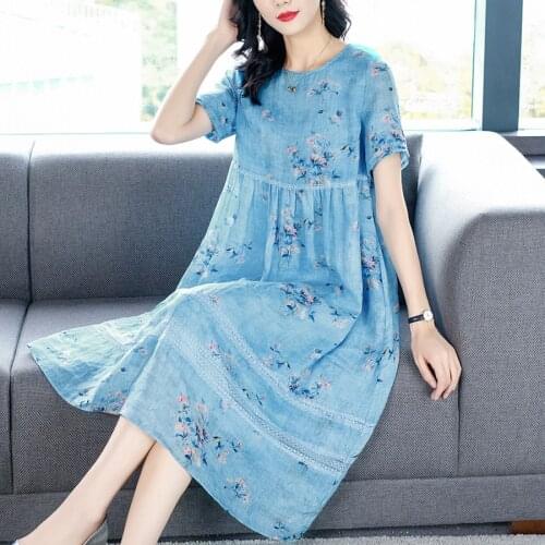 Elegant Female Plus Size Blue Print Sundress 2021 Summer Vintage Floral Cotton Linen Midi Dresses Bodycon Party Runway Vestidos