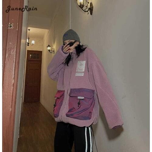 JuneRain 2021 Solid Padded Reversible Wool Jacket Women Harajuku Winter Oversized Lady Casual Lambswool Unisex Faux Fur Coat