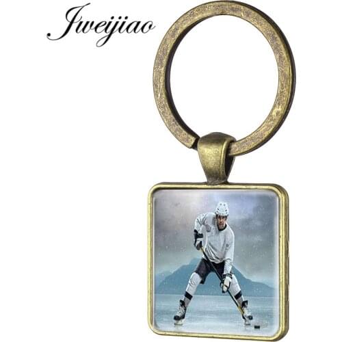 JWEIJIAO Vintage Ice Hockey Player Silhouette Art Picture Keychian Hockey Stick Club Key Chain Rings Gift HY28